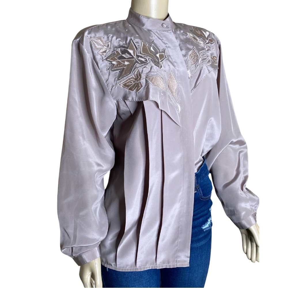 Vintage Tab Abstract Floral Half Pleated Embroidered Southwestern Country Blouse